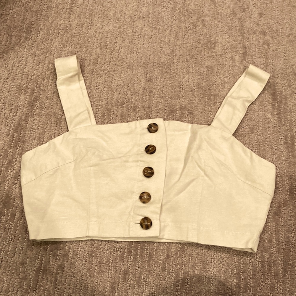 F21 Linen crop top, beige, button front, XS
